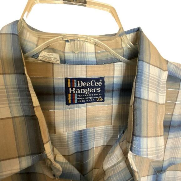 Vtg Dee Cee Rangers Men 2XL Western Pearl Snap Shirt Tan Blue Plaid Short Sleeve - Picture 5 of 9